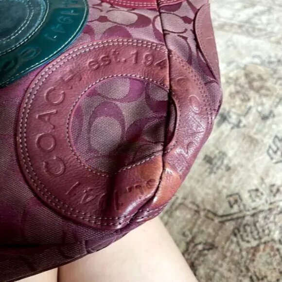 Coach East West Circle Patchwork Zip Tote Shoulder Bag Purple Leather Canvas - Picture 10 of 12